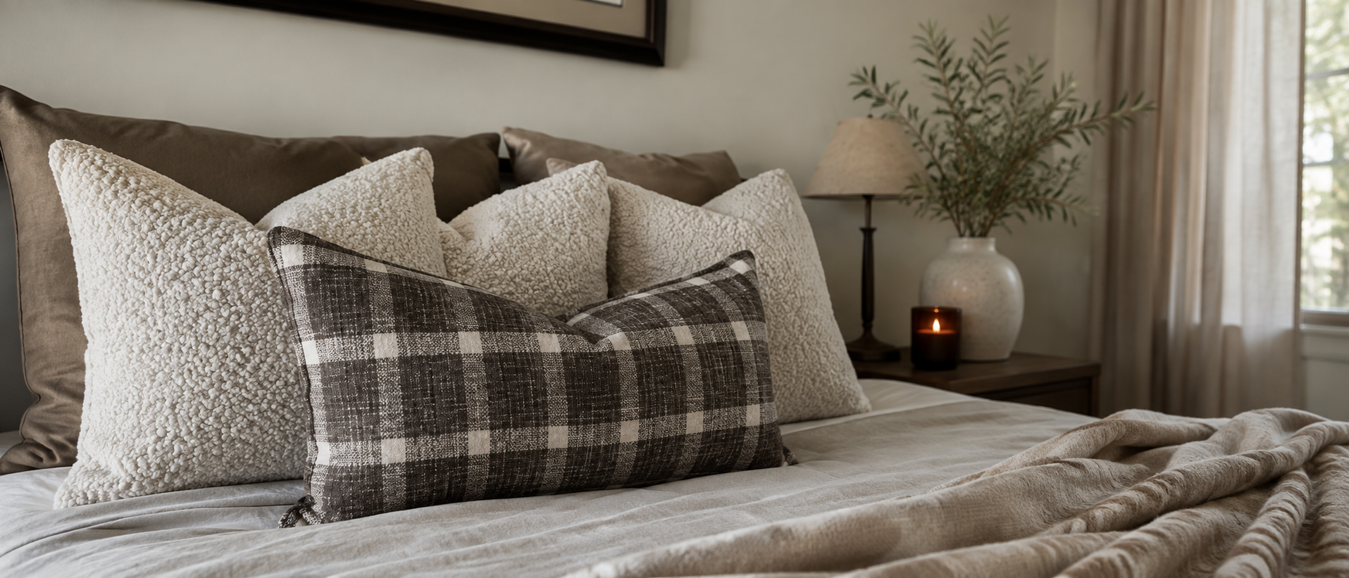 Soft cushions layered in a calm bedroom