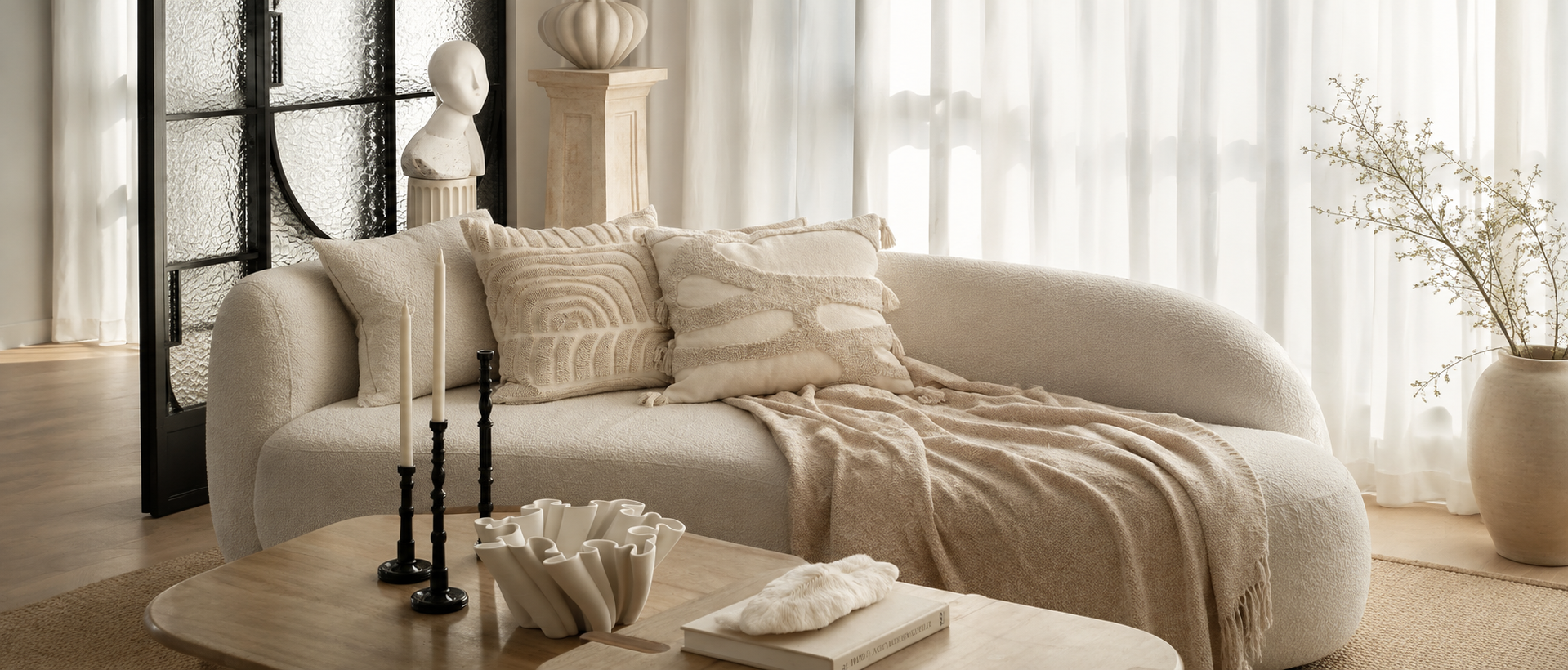 A relaxed home corner with cushions and a folded throw